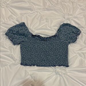 Aerie Blue Floral Crop Top with Puff Sleeves